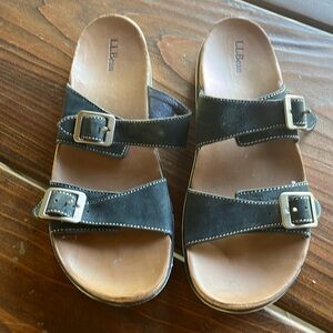 L.L. Bean Women's Eco Comfort Sandal Slide, Blue Leather, Double Strap Buckle 7